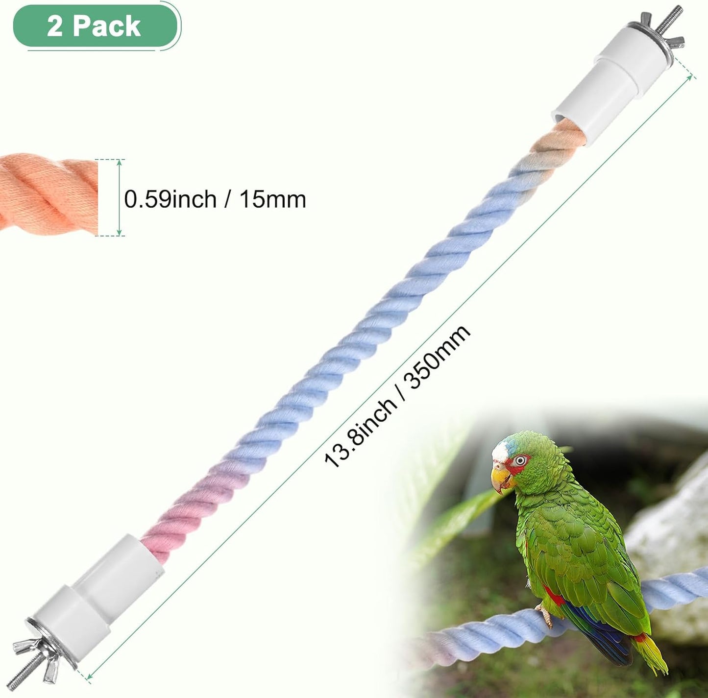 2-Pack Rope Perches for Bird Cages, 13.8 in Length Comfort Grip Flexible Rope Perch Beak & Paw Grinding for Parrots/Cockatiels/Parakeets, Bird Platform Sand [Pink Blue]