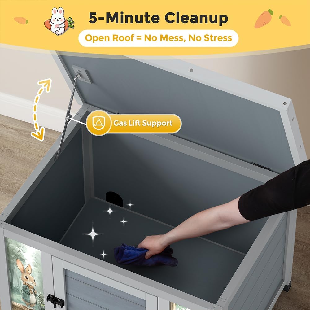 COZIWOW 24in Wooden Cat House Outdoor & Indoor Pet Shelter with Foldable Ramp - Weatherproof Rabbit Hutch with Unique Machine-Printed Art Designs for Cat, Rabbit, Guinea Pig (Grey)