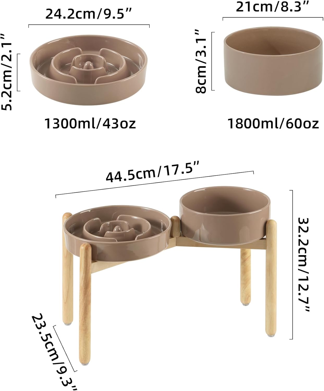 Ceramic Raised Slow Feeder Dog Bowl Set, Elevated 8.2inch Bowl and 9.5inch Puzzle Slow Food Dish with Wooden Stand for Large Dog, Anti-Gulping (2X Brown Coffee+ Stand)