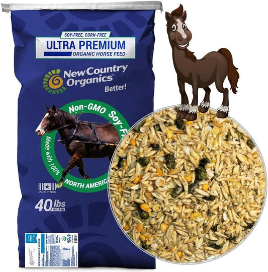 New Country Organics | Performance Horse Feed for Horses in Light to Moderate Work | Corn-Free and Soy-Free | 12% Protein | Certified Organic and Non-GMO | Horse Feeder with Grains & Oats 40 lbs