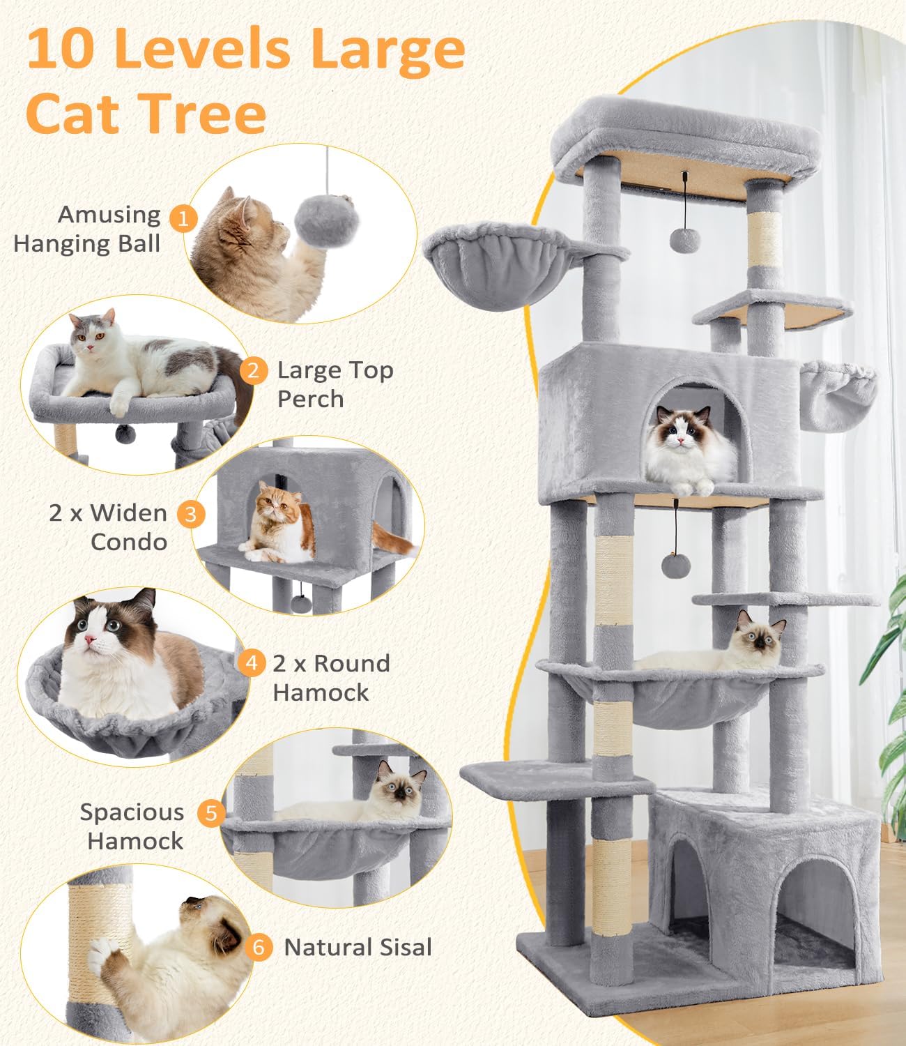 Cat Tree Large Cat Tower Tree 68" Multi-Level Cat Tower for Indoor Cats with Sisal Scratching Posts, Widen Cat Perche, Square Hammock, 2 Widen Condos, Scratching Posts, Light Grey