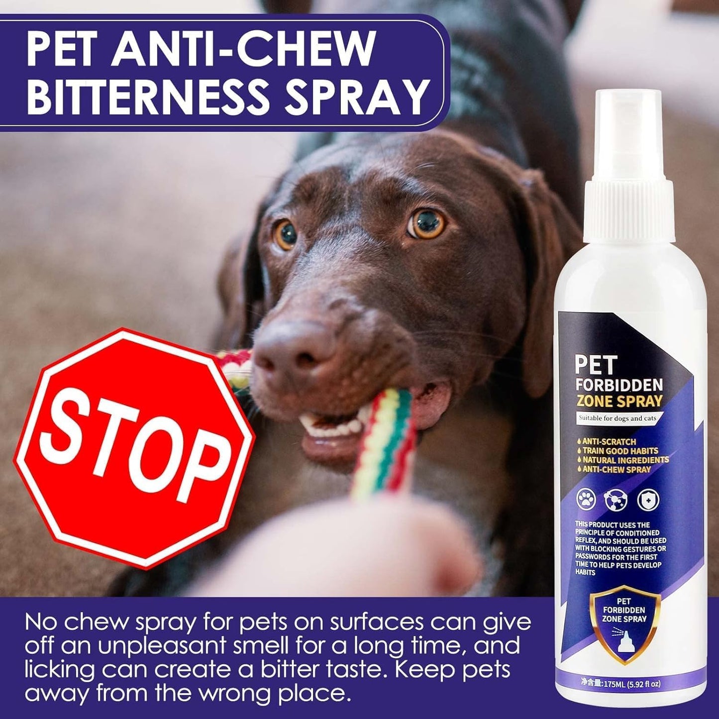 No Chew Spray for Dogs & Cats, 175ML - Bitter Apple Spray for Dogs to Stop Chewing, Effective Dog Deterrent Spray for Carpet Furniture, Anti Chew Spray for Puppies Indoor & Outdoor Safe Purple