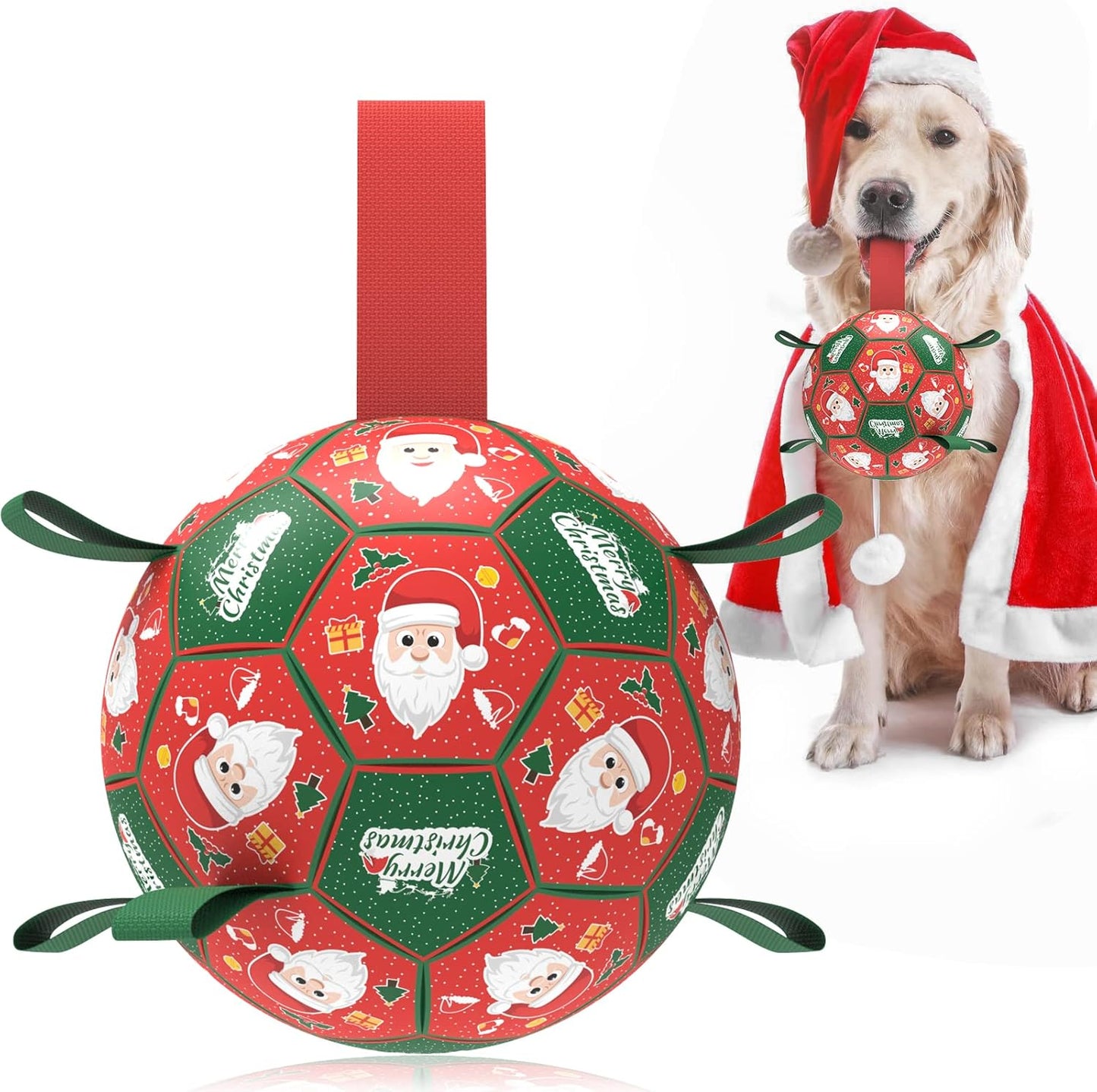 QDAN Christmas Dog Toys: Soccer Ball with Straps for Outdoor Play, Tug of War, Puppy Gifts - Durable 8-Inch Balls for Medium Large Dogs