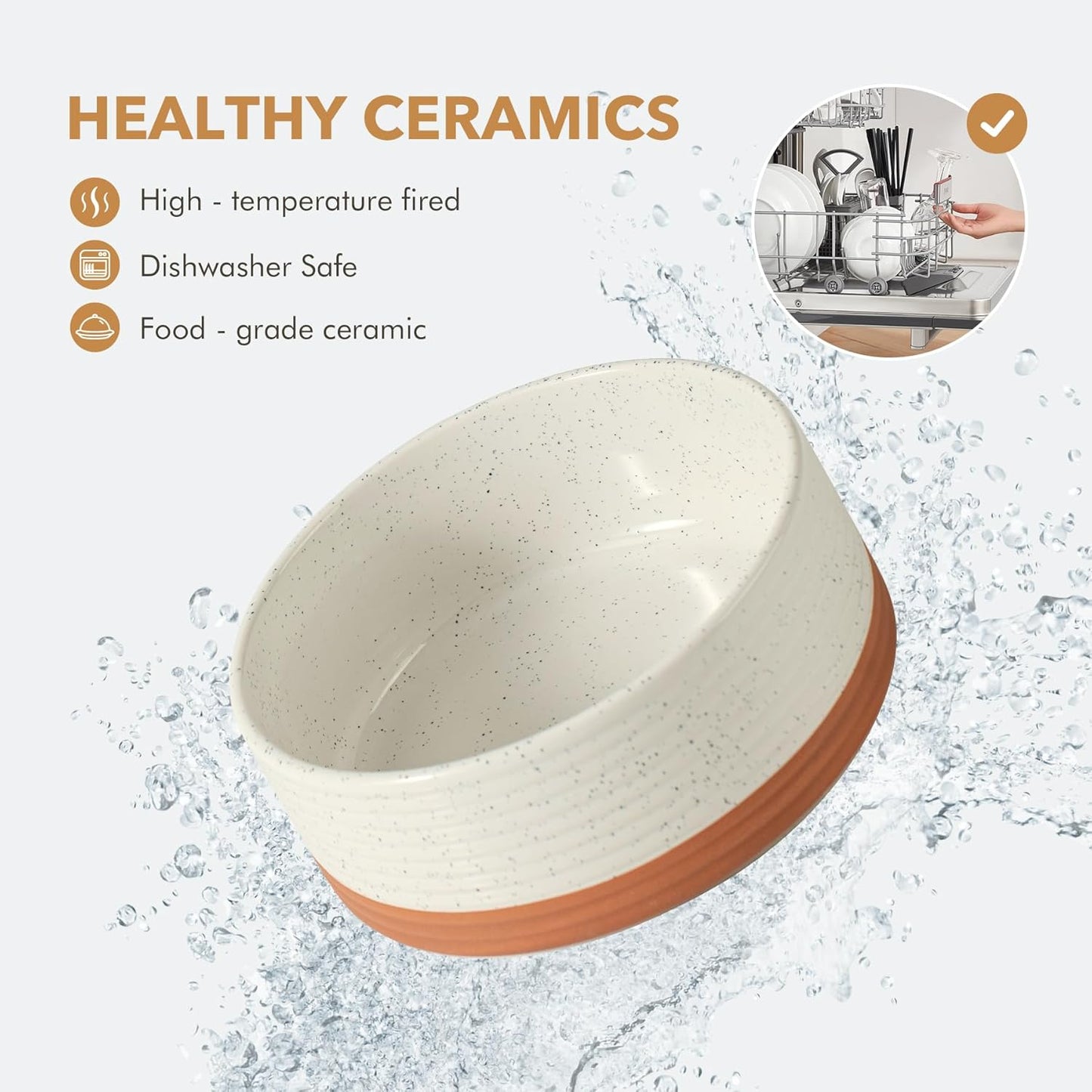 Ceramic 7.3inch Raised Dog Bowl Set, Elevated with Acacia Wood Stand, Food and Water Bowl for Medium Breed Dogs, Weighted Pet Dishes(41oz, Vanilla White)