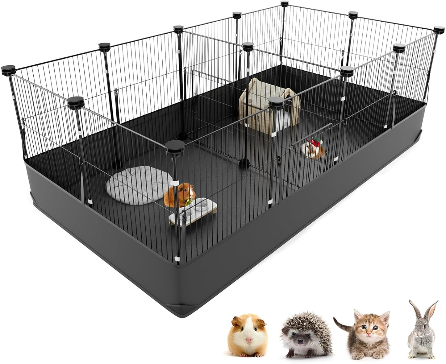 Tresbro Guinea Pig Playpen with 14 Panels & Divided Room, Triple Fixing Measures Small Animal Cage with Waterproof PVC Liner & One-Motion Hooks, Rabbit, Bunny, C&C Grids Cage 48 x 24 x 16 Inches
