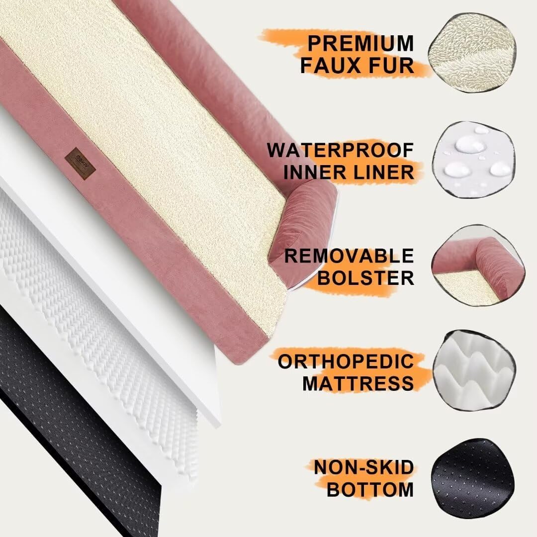 Large Dog Bed Orthopedic Washable: Beds Bolster - XL XLarge Big Dogs - Memory Foam - Ultra-Soft Pink XL Dog Crate Bed - Waterproof with Removable Cover