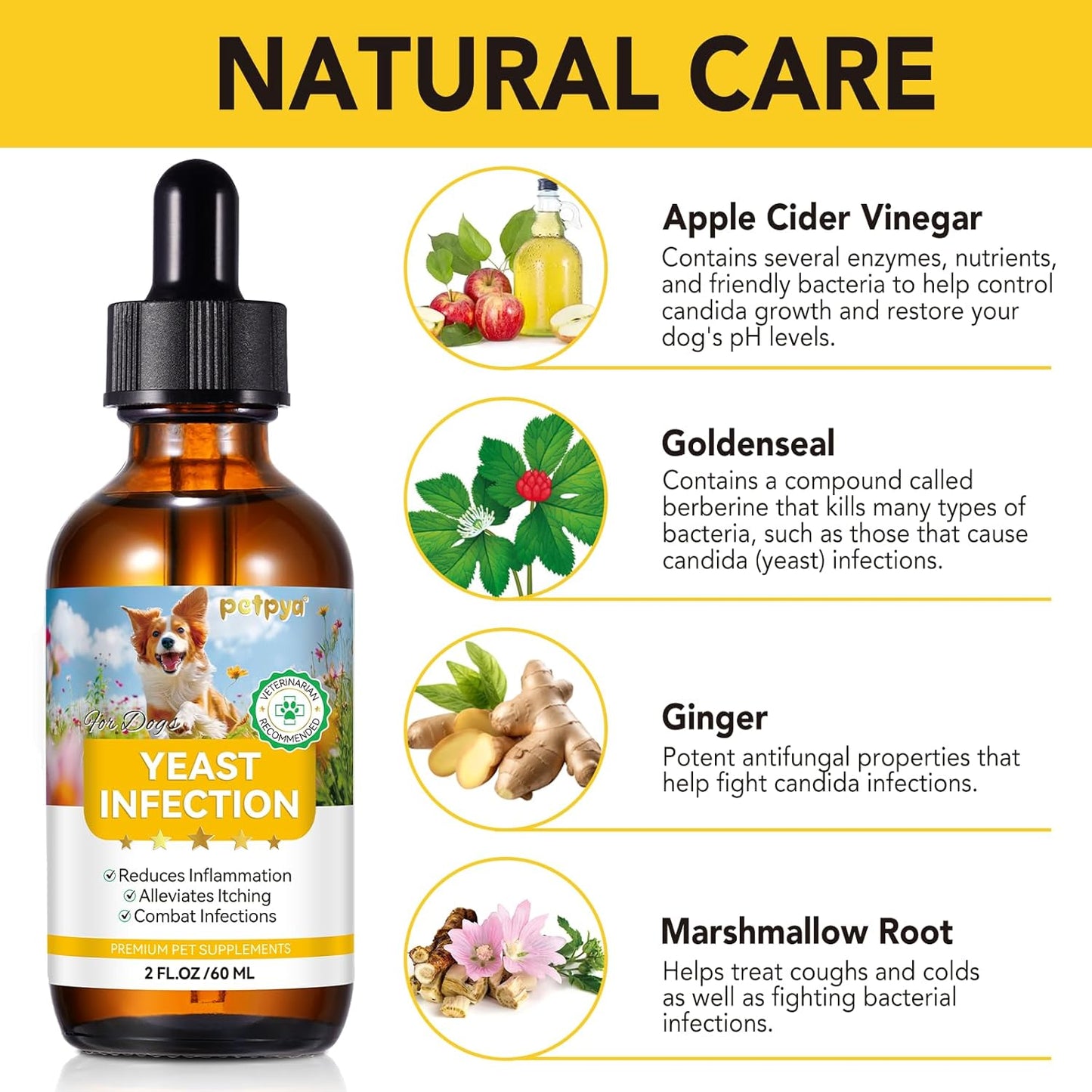 Yeast Infection Treatment for Dogs, Natural Yeast Infection Treatment Drops for Dog Itch Relief, Dog Allergy Relief, Dog Yeast Ear Infection Treatment, 2.02fl.oz