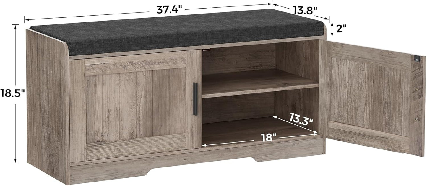 2-Tier Storage Bench, Shoe Bench with Thickened Padded Seat Cushion, Entryway Bench with 2 Doors, Adjustable Shelf, 13.8" D x 37.4" W x 18.5" H, for Entryway, Living Room, Bedroom, Greige