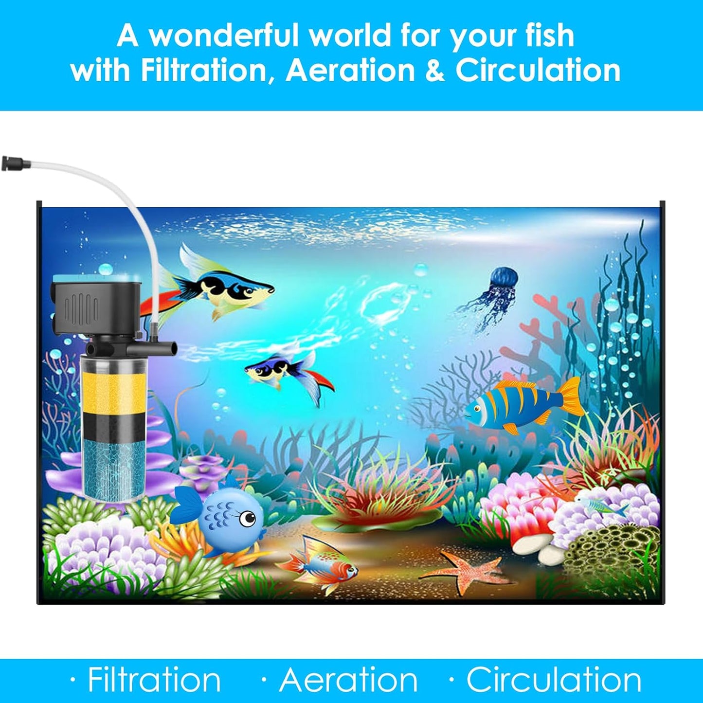 AquaMiracle Submersible Aquarium Filter 3-Stage in-Tank Filter with Dual Water Outlet & Aeration, 130GPH Internal Fish Tank Filter for 10-30 Gallon Aquariums