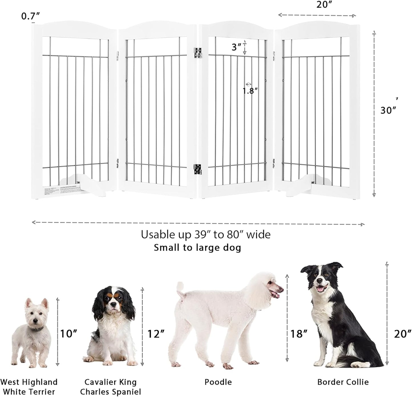 Spirich Free Standing Foldable Wire Pet Gate for Dogs, 80 Inches Extra Wide, 30 Inches Tall 4 Panels Dog Gate for The House, Doorway, Stairs, Pet Puppy Safety Fence, Sliver White