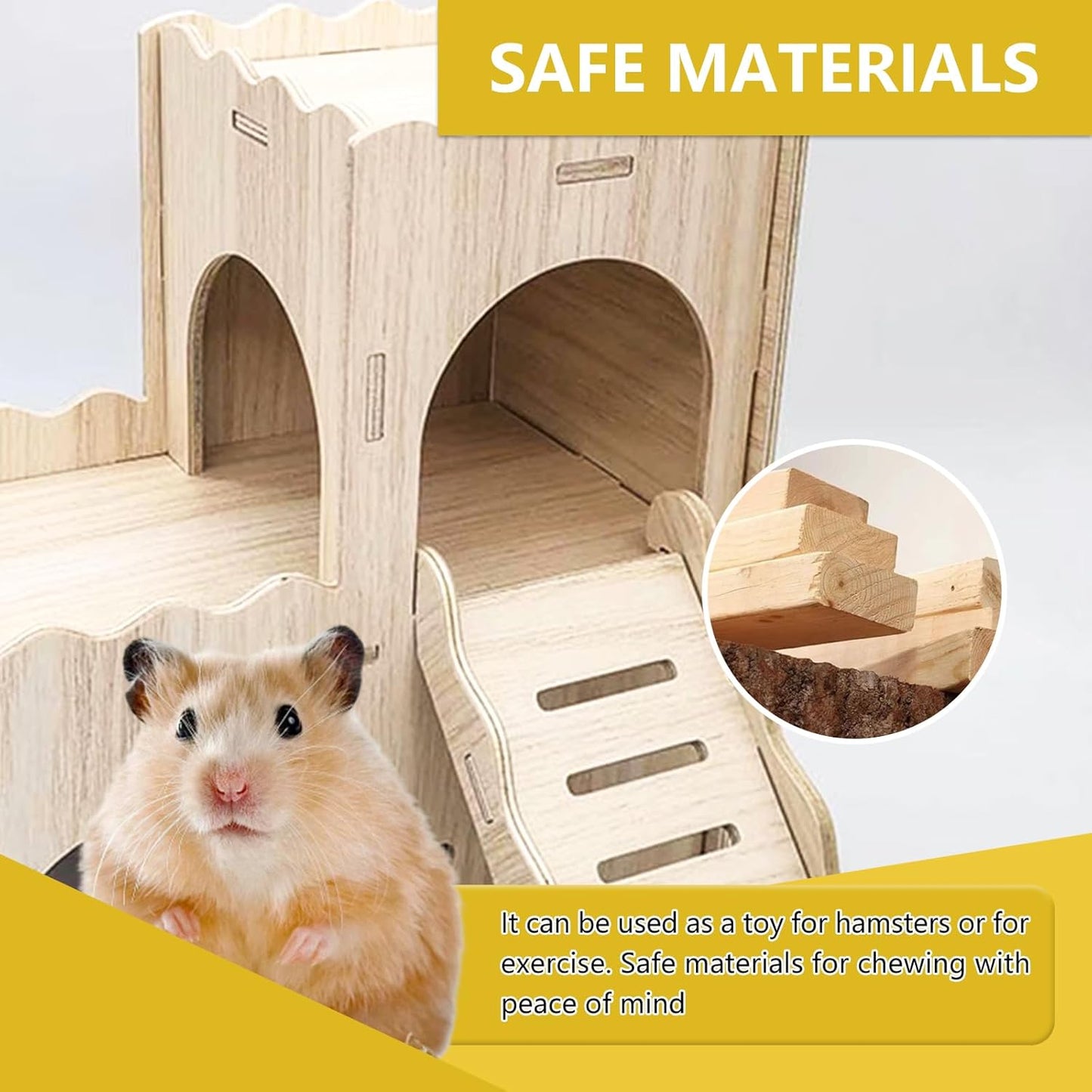 Large Wooden Hamster House Castle with Double Decker,Large Hamster, Wooden Hamster Houses,Dwarf Hamster Habitat Hideout with Climbing Ladder,Large Guinea Pig Castle Detachable Hideouts(B)