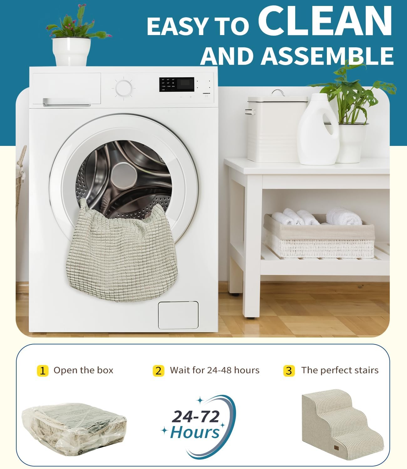 Dog Step for Bed, Dog Stair 3-Step 35D Pet Stair 15.7" H for High Bed or Sofa Non-Slip Balanced Pet Step Indoor, Beige