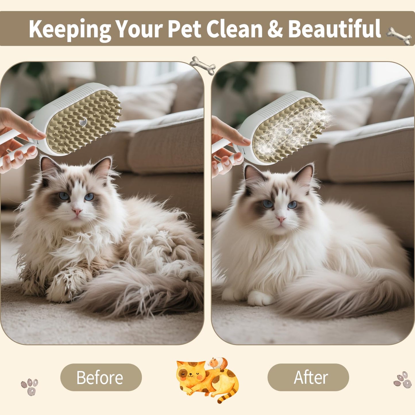New Cat Steam Brush for Shedding Dog Brush with Steam Pet Hair Cleaning Brush Comb for Spray 4 in 1 Pet Grooming Soft Silicone Brush for Long & Short Haired Pets (White)