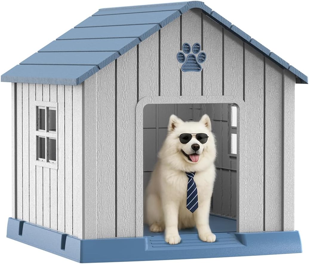 Vixzen 38in Large Outdoor Dog House,Durable Water Resistant Resin Dog House,Doghouse for Small to Large Dogs Indoor or Outside,with Air Vent and Elevated Floor,Blue
