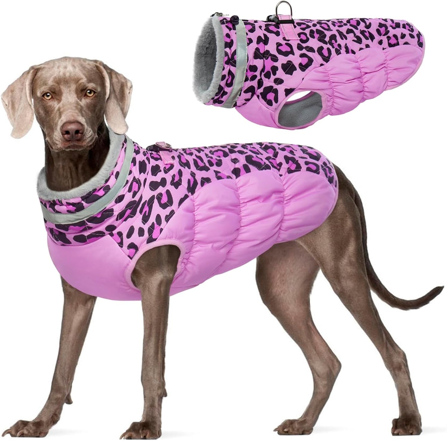 FUAMEY Dog Coat for Large Dogs,Waterproof Dog Winter Jacket with Harness Built in Puppy Cold Weather Coats Reflective Pet Vest with Zipper Warm Fleece Dogs Snowsuit Windproof Pink Leopard L
