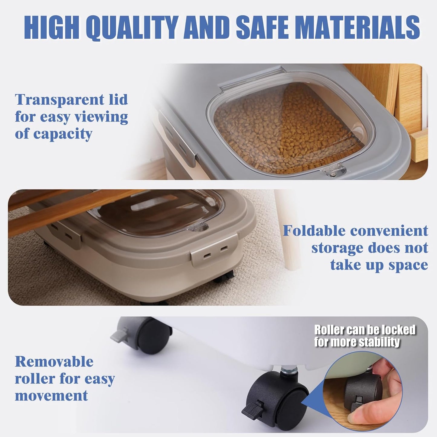 Collapsible Dog Food Storage Container with Lids, Airtight Rice Flour Cereal Sugar Cat Pet Bird Seed Containers Dispenser Bin Bucket with Rolling Wheel, 20 25 30 Lbs Plastic Sealable Kitchen Holder