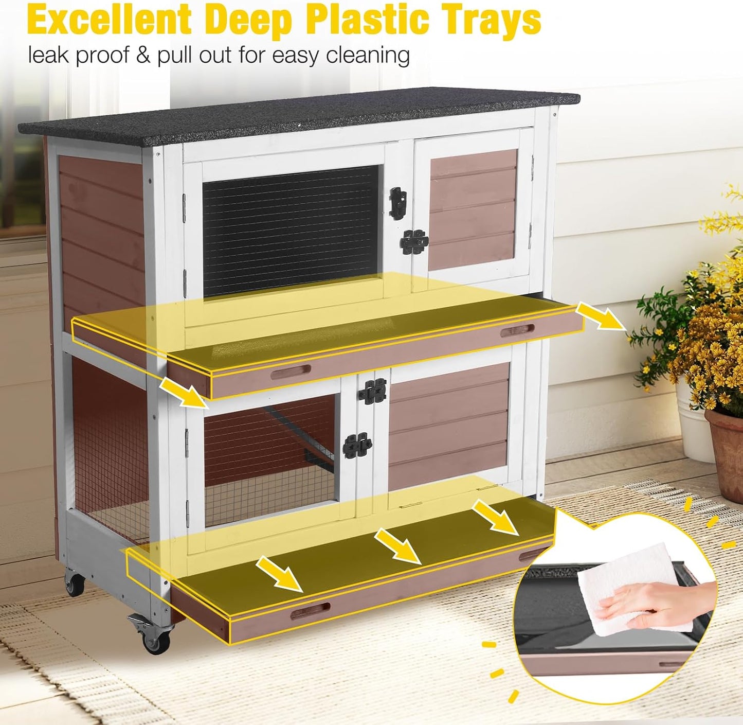 Aivituvin Rabbit Hutch Indoor Bunny Cage Outdoor 2 Story Pet House Guinea Pig Cage on Wheels 36" (Brown)