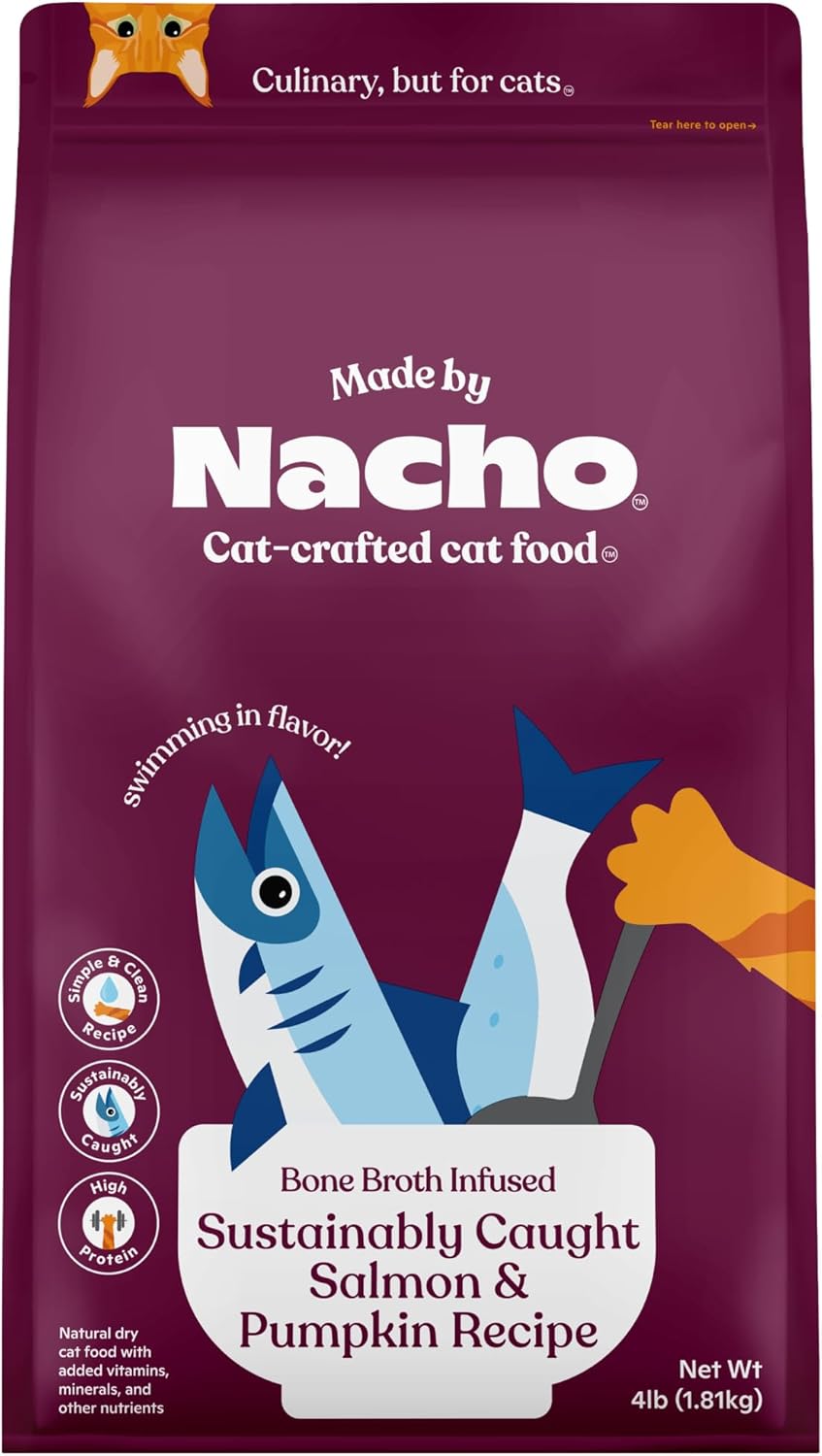 Made by Nacho Dry Cat Kibble 4lb Bag, High Protein and Grain-Friendly Premium Cat Food, Sustainably Caught Salmon and Pumpkin, Infused with Bone Broth for Hydration, Limited Ingredients, Single Bag