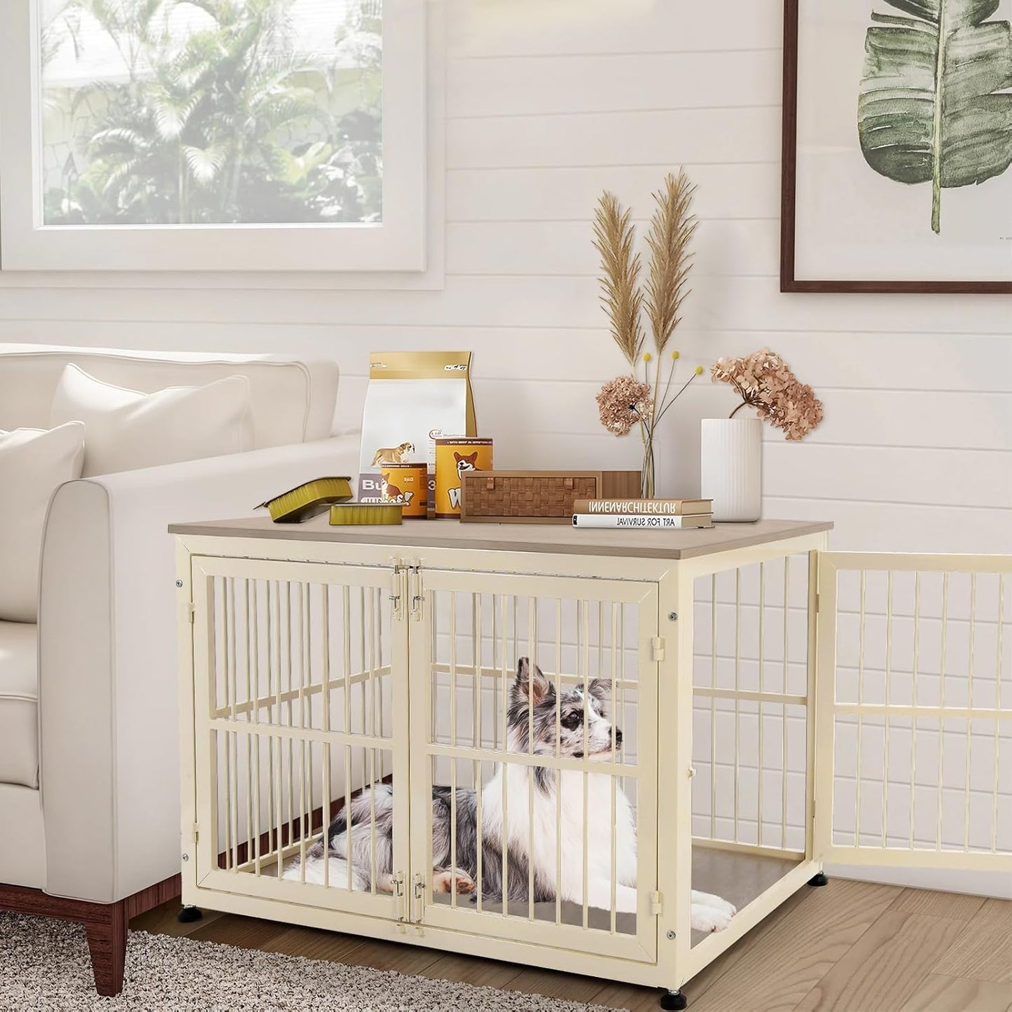 40 Inch Dog Crate Furniture for Large Medium Dogs, Wooden Heavy Duty Dog Kennel with Double Doors, Decorative Pet House Dog Cage Side End Table Indoor, Pet Cage Dog House, Beige