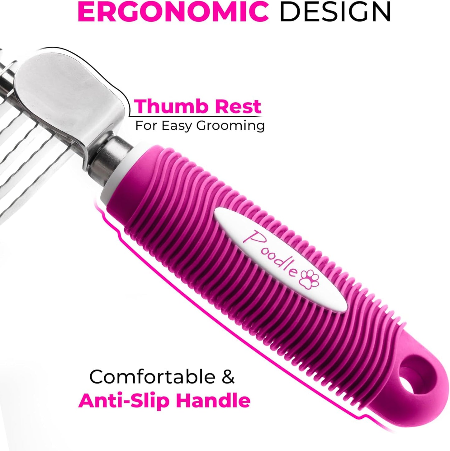 Poodle Dematting Fur Rake Comb Brush for Dogs and Cats - Long 2.5" Steel Safety Blades Metal Comb for Detangling Matted or Knotted Undercoat Hair