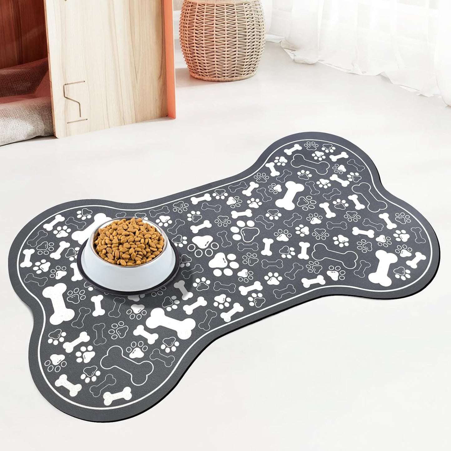 Dog & Cat Food Mat Bone Shaped Pet Feeding Mat Quick Absorb Water Bowl Placemat with Rubber Backing Indoor Floor Stain Resistant Pet Accessory Supplies (Dark Gray, 17x29 Inches)
