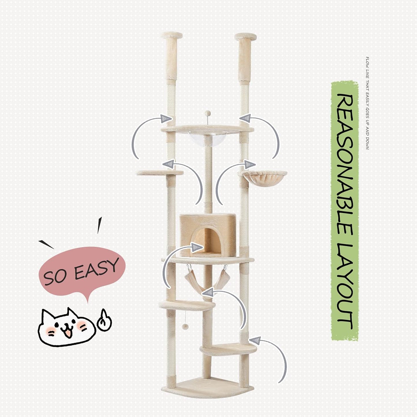 PEQULTI Floor to Ceiling Cat Tree 92.9’’-101.6’’ Height Adjustable Cat Tower Tall Kitty Climbing Play House with Scratching Posts, Cozy Condo, Perches and Large Hammock for Indoor Cats Beige