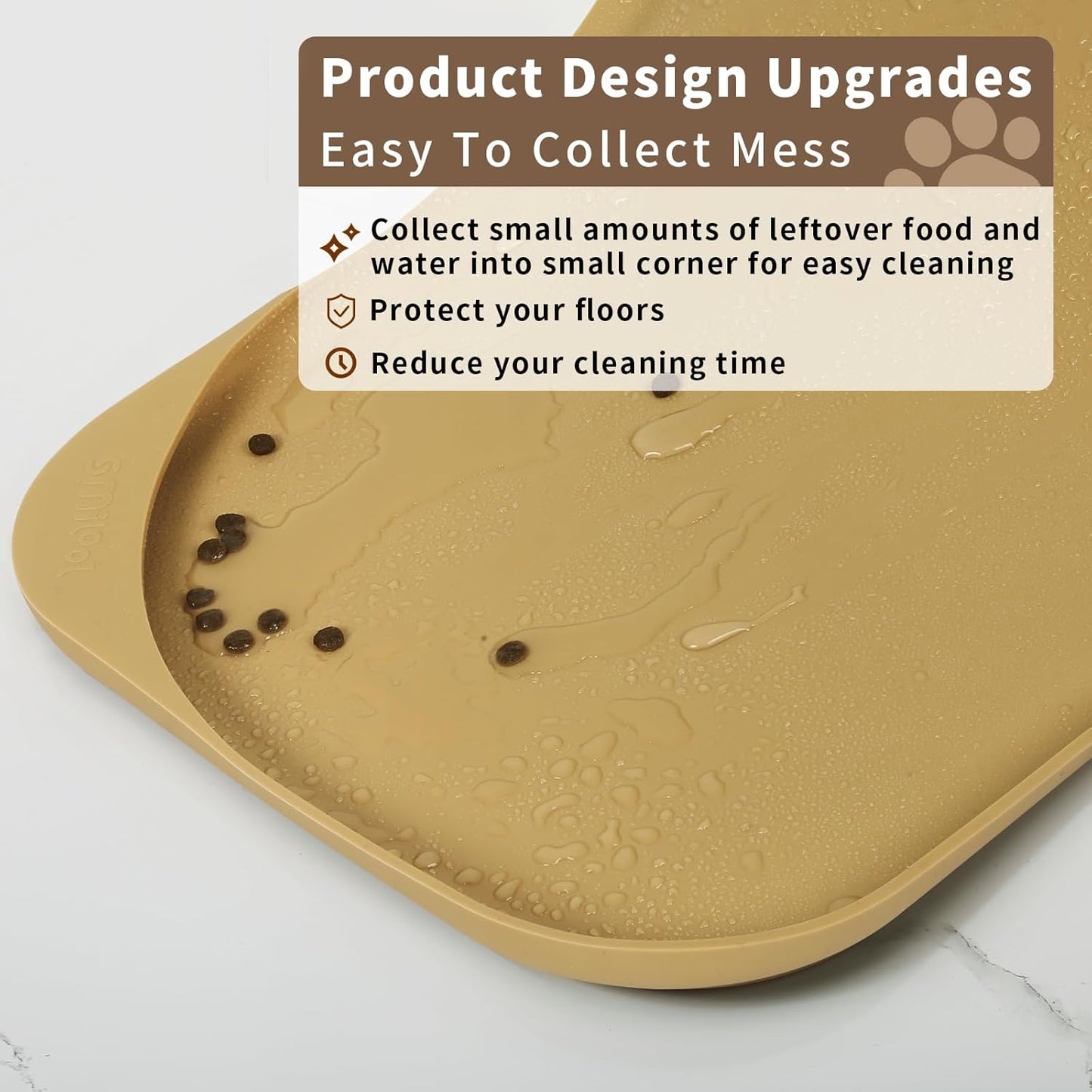 Silicone Pet Feeding Mat with Raised Edge & Residue Collection Pocket for Food and Water, Dog Bowl Mats, Cat Bowls Placemat with High Lip for Floor Waterproof, 22 x 14 x 0.8 Beige