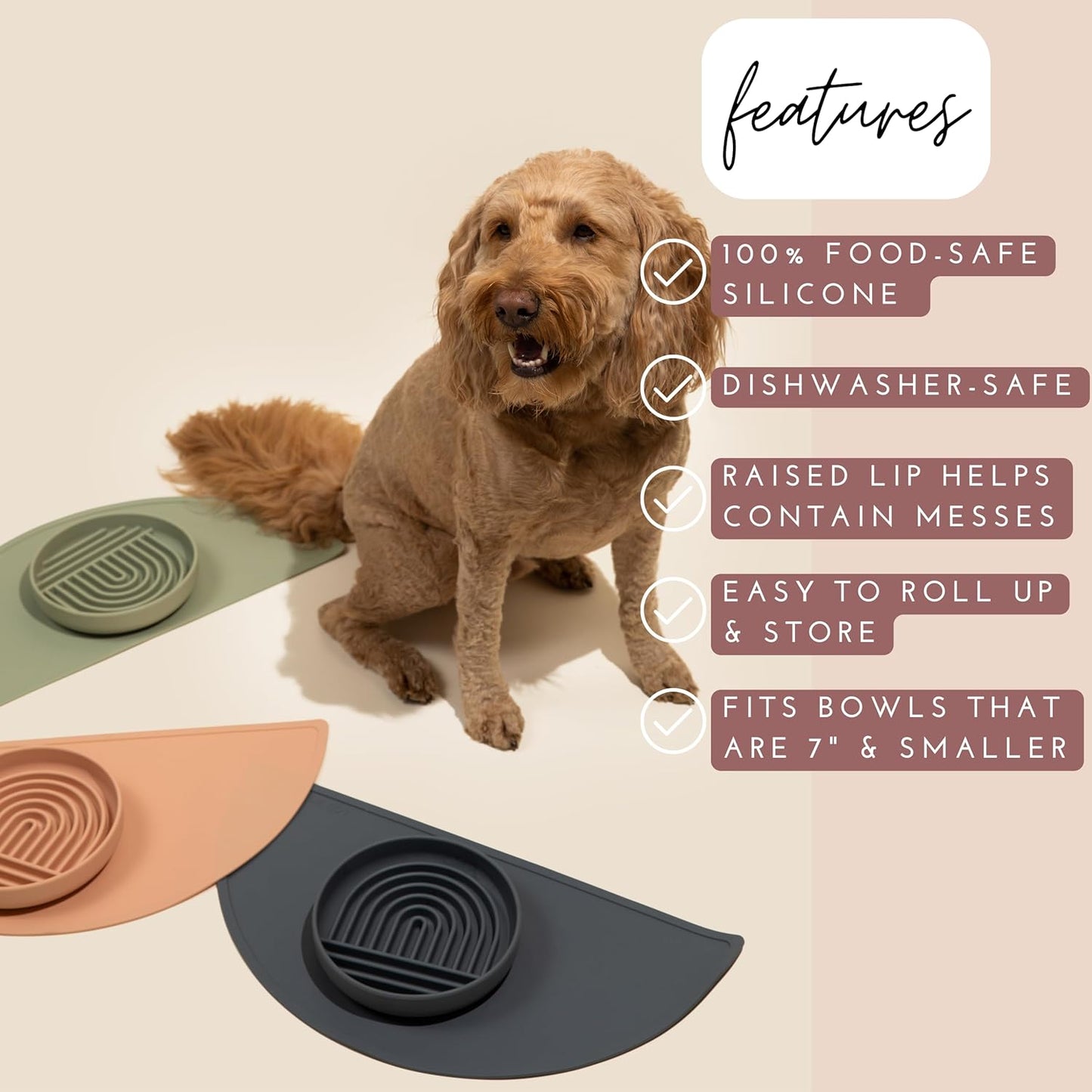 Waterproof Silicone Pet Food Mat - Non-Slip, Spill-Proof Feeding Mats for Floors, Raised Edge Design, Easy-to-Clean Rubber Mat for Dog & Cat Bowls, 21" Across x 10.5" Deep, Medium-Blush