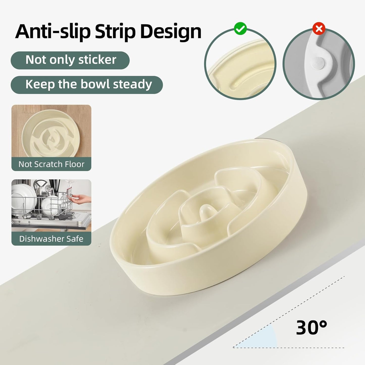 8.2inch Ceramic Slow Feeder Dog Bowl for Medium and Large Breed, Puzzle Dog Food Dish, Anti-Gulping, Pet Slow Feeder, Stop Bloat, Preventing Choking (Single Bowl-Beige)