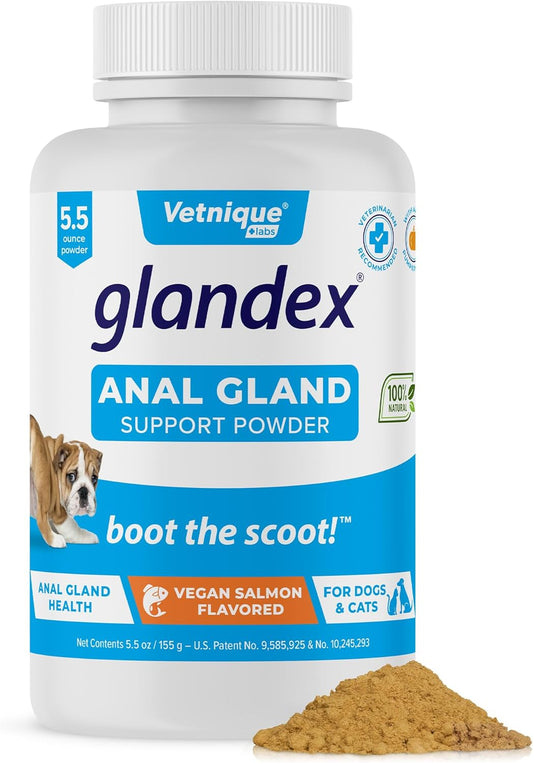 Glandex Dog Fiber Supplement Powder for Anal Glands with Pumpkin, Digestive Enzymes & Probiotics - Vet Recommended (Regular or Advanced Strength) - Boot The Scoot (5.5 oz, Vegan Salmon)