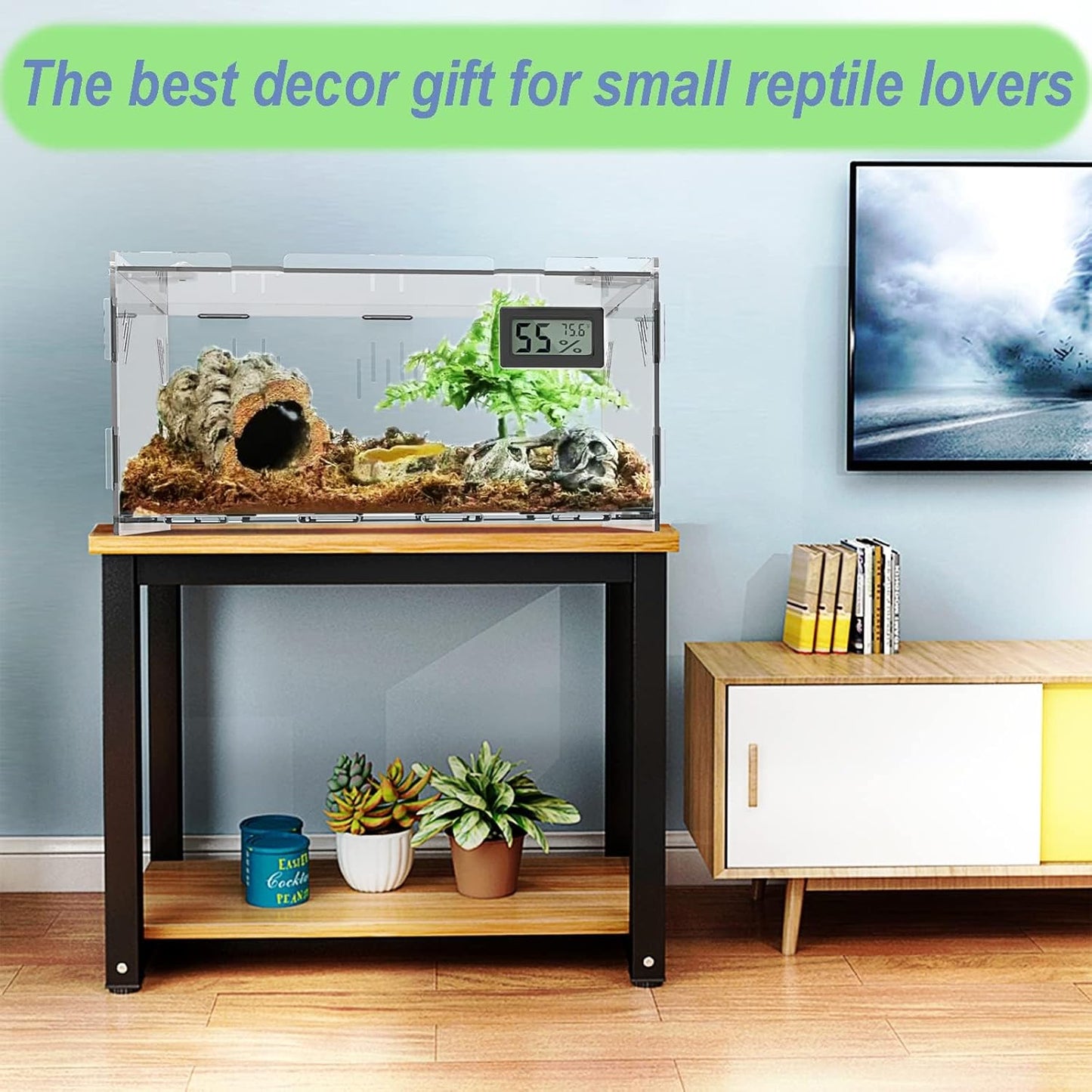 Reptile Terrariums, with Temperature Hygrometer, 11.8"x7.9"x5.9" Acrylic Reptile Breeding Box Terrarium Cage Tank for Small Reptile Insect Home Office