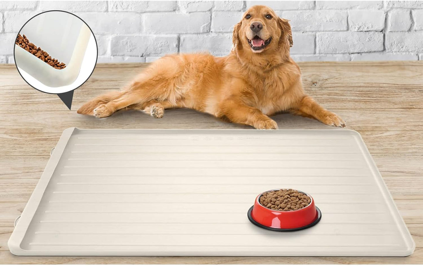 Dog Mat for Food and Water - 39.4" x 27" Large Pet Feeding Mats with Residue Collection Pocket - Waterproof Dog Cat Bowl Mat with High Edges to Prevent Water and Food Spills (Cream)