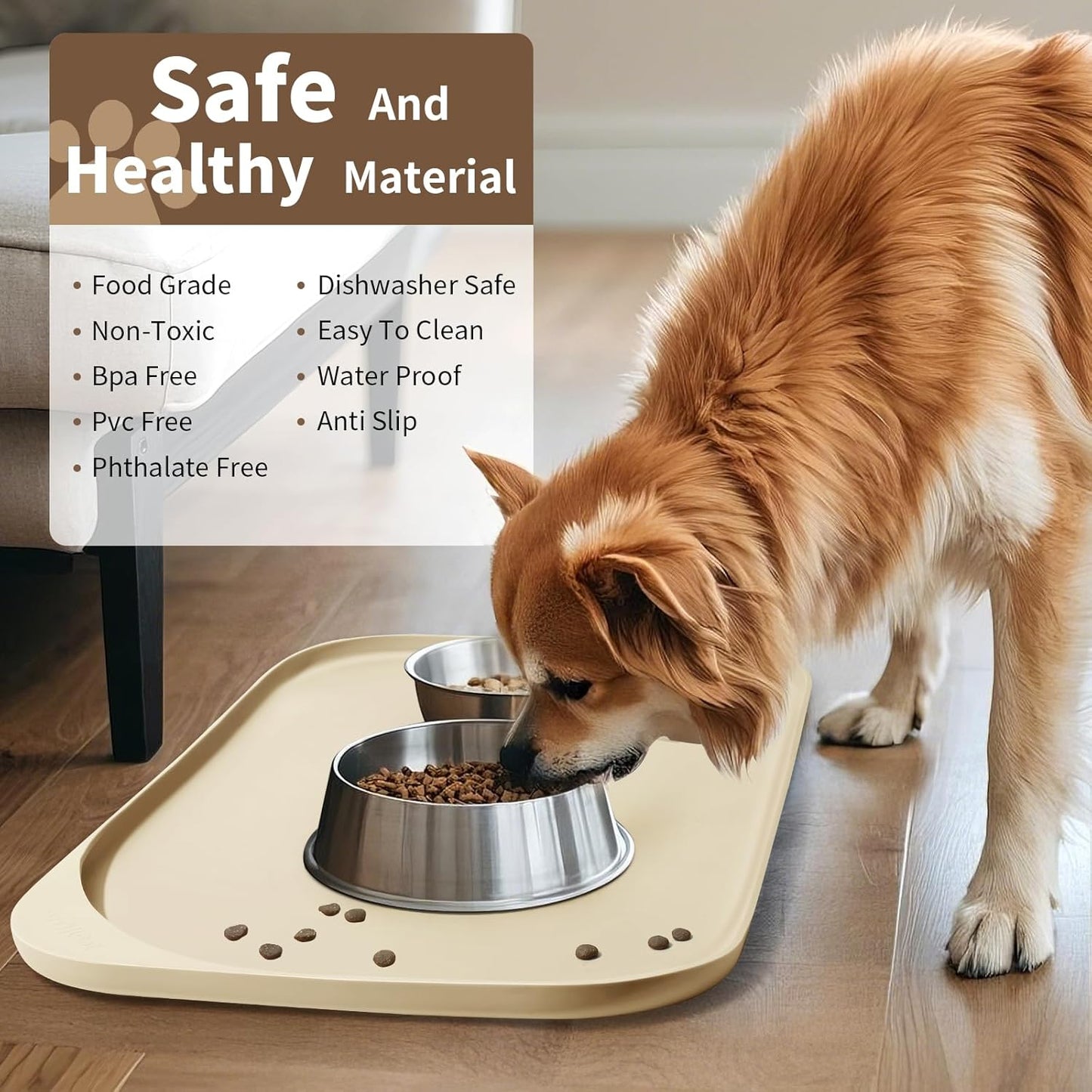 Silicone Pet Feeding Mat with Raised Edge & Residue Collection Pocket for Food and Water, Dog Bowl Mats, Cat Bowls Placemat with High Lip for Floor Waterproof, 19 x 12 x 0.7 White Sand