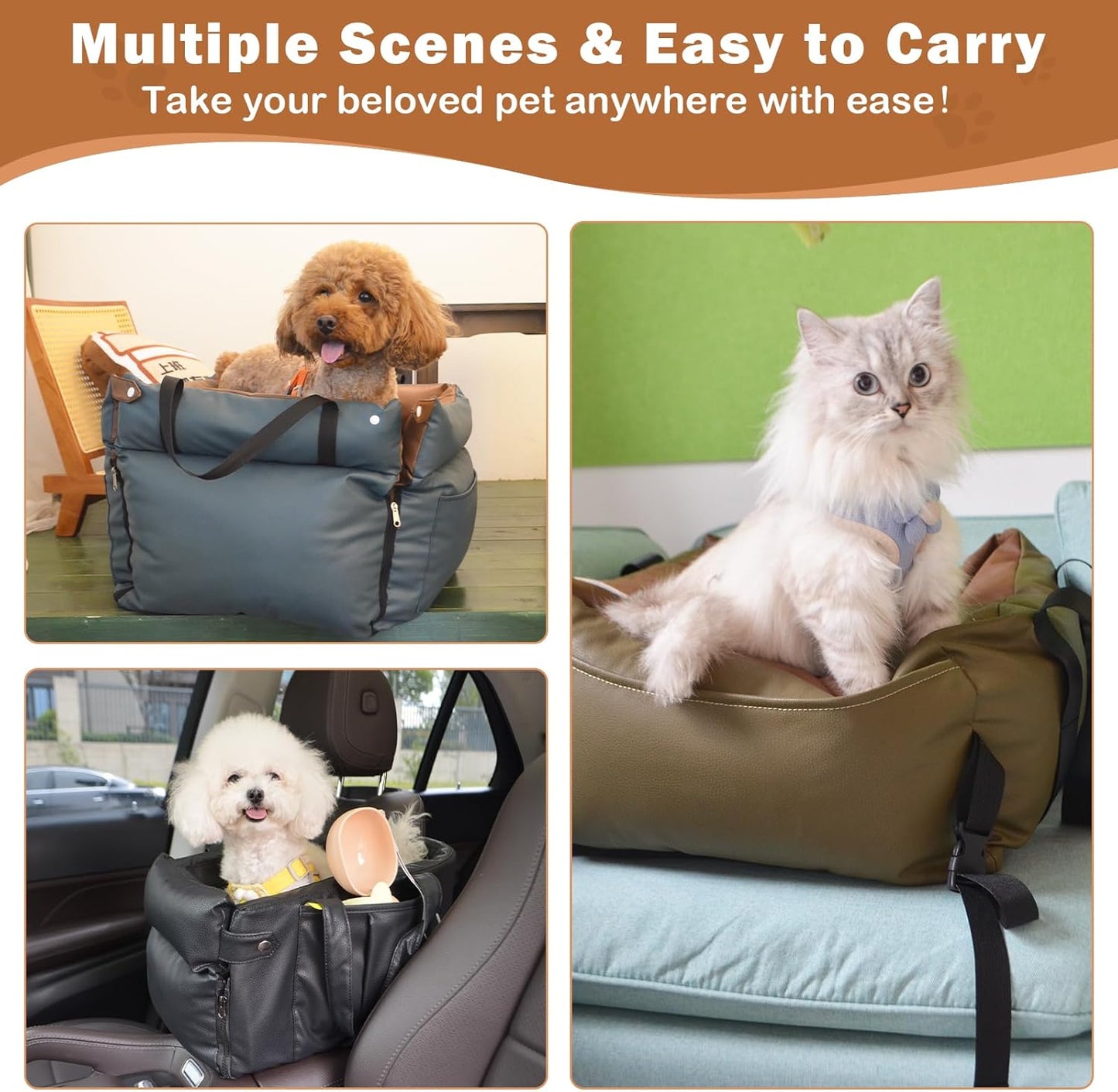 2 and 1 Center Console Dog Car Seat & Carrier for Small Dogs, Large Leather Dog Car Bed with Storage Pocket, Waterproof PVC Leather Seat Travel Bed for Front & Back Seat, Clip-On Safety Leash