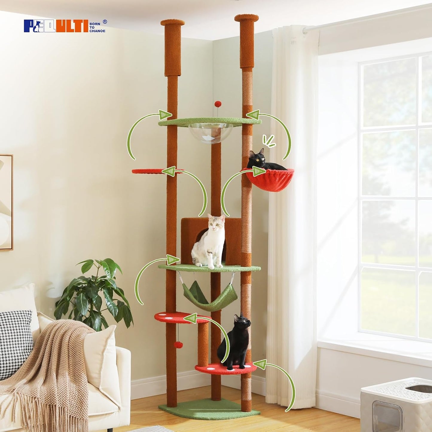 PEQULTI Floor to Ceiling Cat Tree 92.9’’-101.6’’ Height Adjustable Mushroom Cat Tower Tall Climbing Play House with Scratching Posts, Cozy Condo, Perches and Large Hammock for Indoor Cats Brown