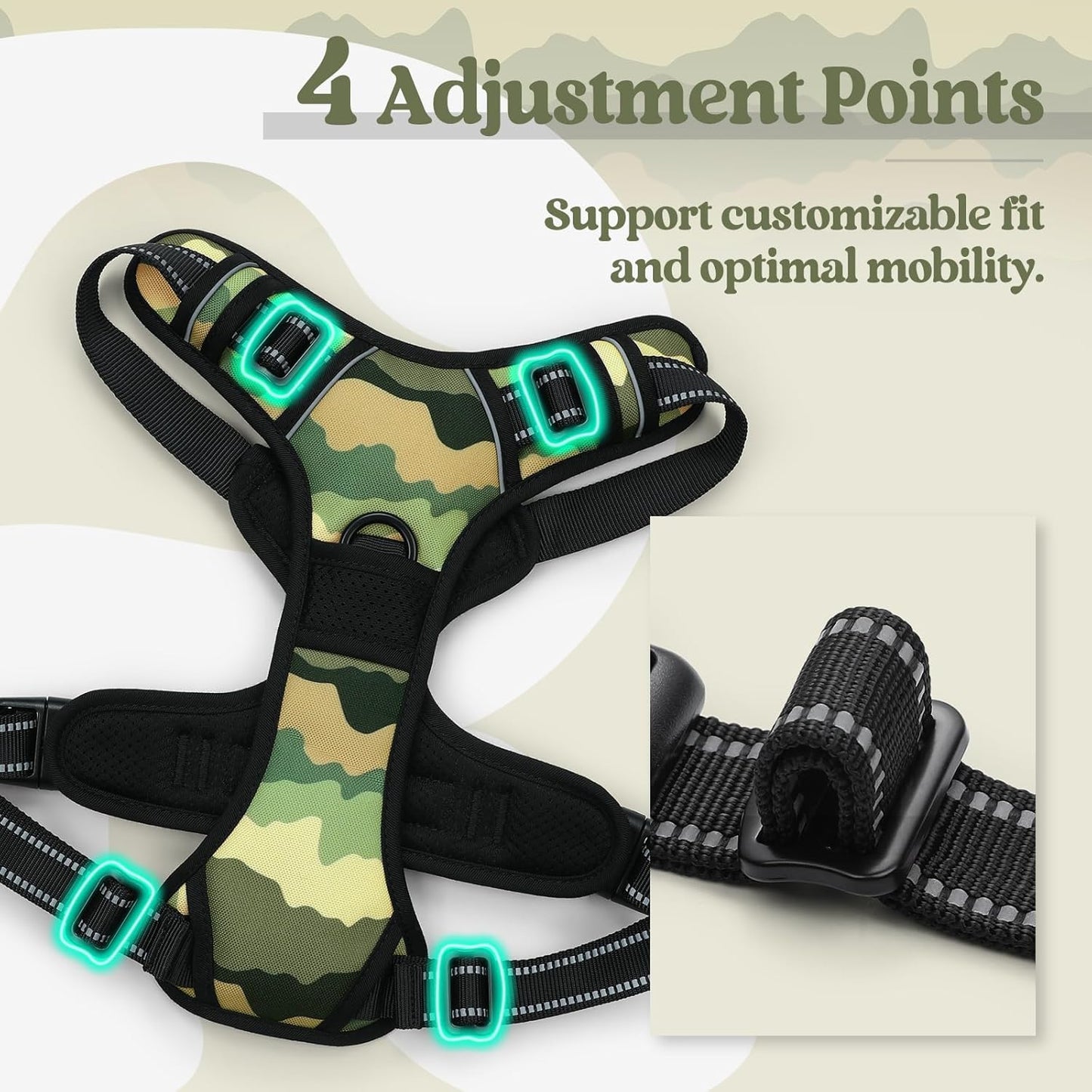 rabbitgoo Dog Harness No Pull with 2 Leash Clips, Adjustable Soft Padded, Reflective Oxford No Choke Pet Vest with Easy Control Handle for Large Dogs, Green Mountain, XL