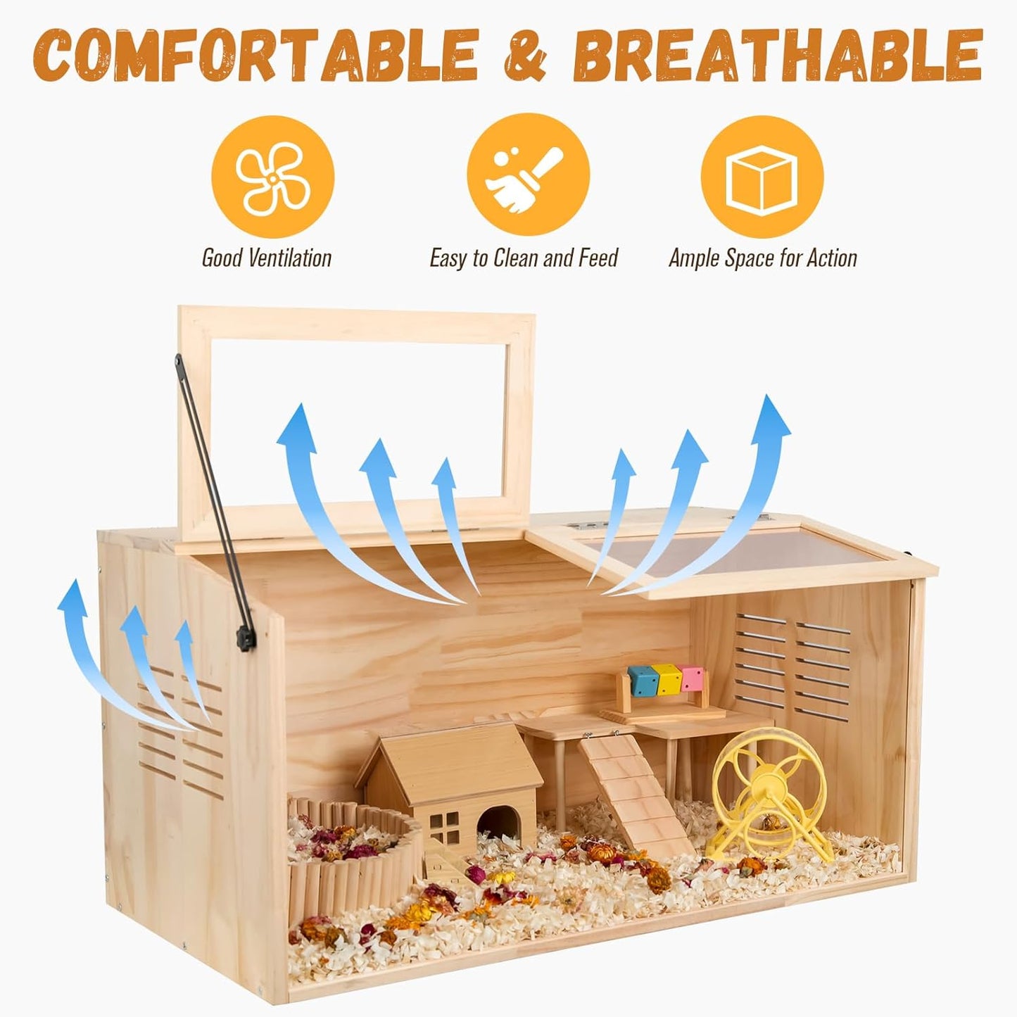 Wooden Hamster Cage,32" Lx16 Wx16 H,Animal Cabinet for Dwarf Syrian Hamsters Degus, Hamster Habitat with Openable Top and Large Acrylic Sheets, Natural Wooden Hamster Habitat.