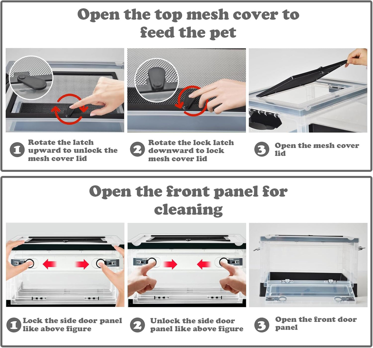 PINVNBY Plastic Reptile Feeding Box with Wheels,Reptiles Breeding Enclosure Cages Transparent Amphibians Habitat Terrarium Tank Portable Transport Container for Lizard,Bearded Dragon(Black)