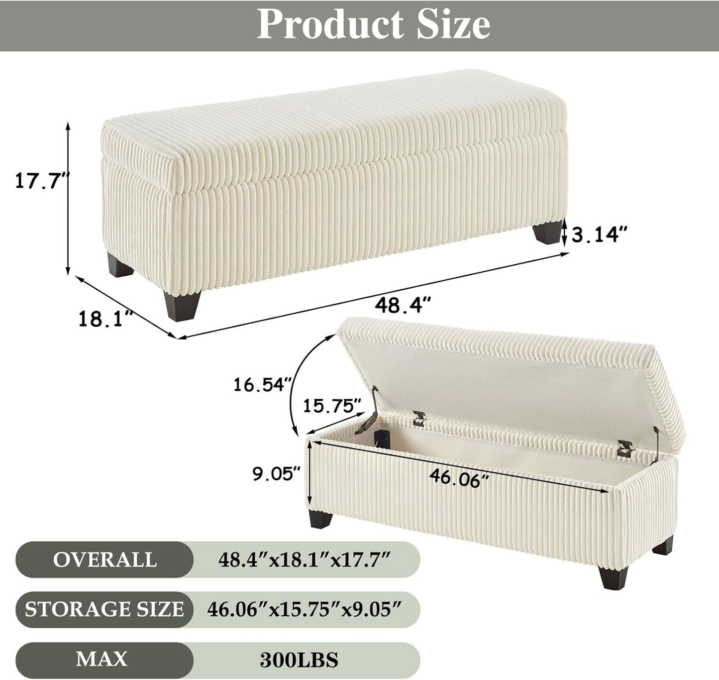 48" Ottoman with Storage, Corduroy Storage Ottoman Bench for Bedroom, End of Bed Bench with Safety Hinge for Living Room, Bedroom, Entryway, White