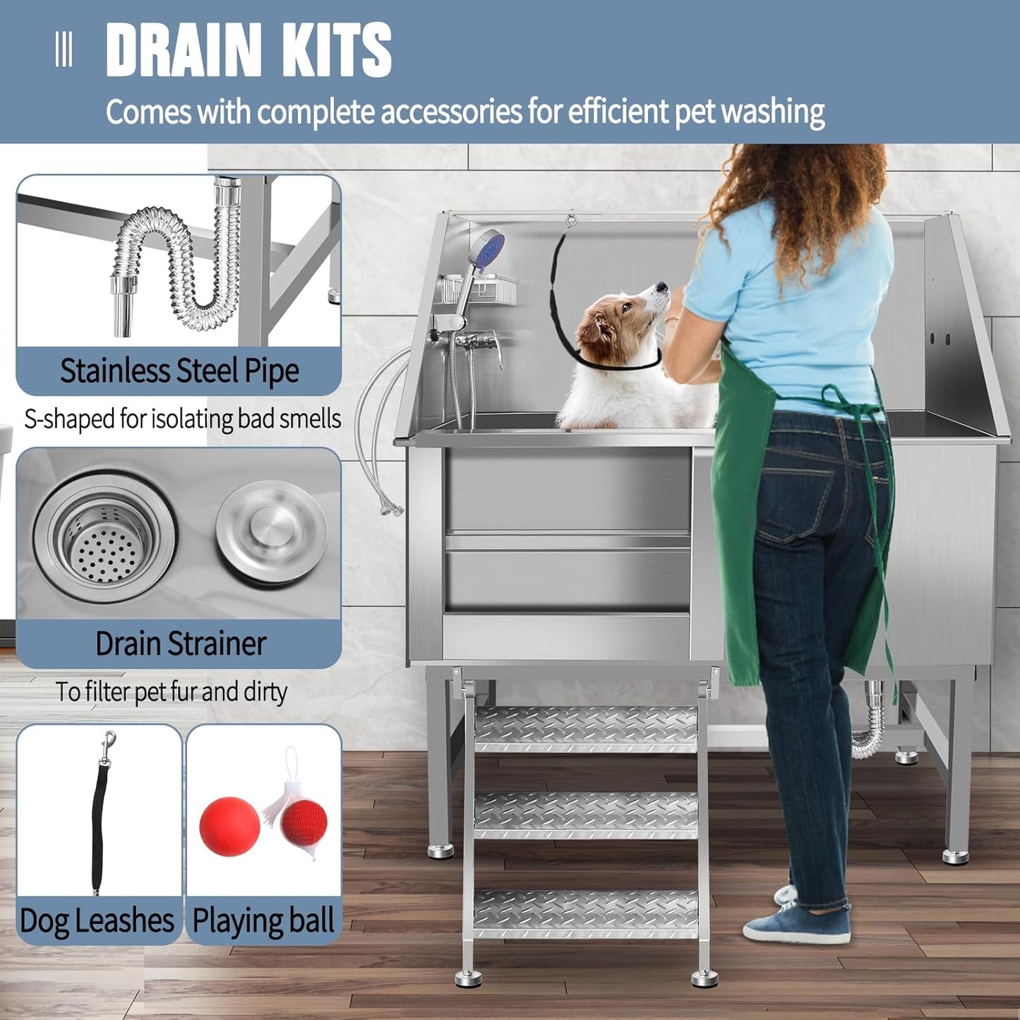 50" Pet Dog Bathing Station W/Ramp, Professional Stainless Steel Dog Grooming Tub W/Soap Box, Faucet,Rich Accessory, Dog Bathtub for Large,Medium,Small Pets, Washing Sink for Home (50" Left ramp)