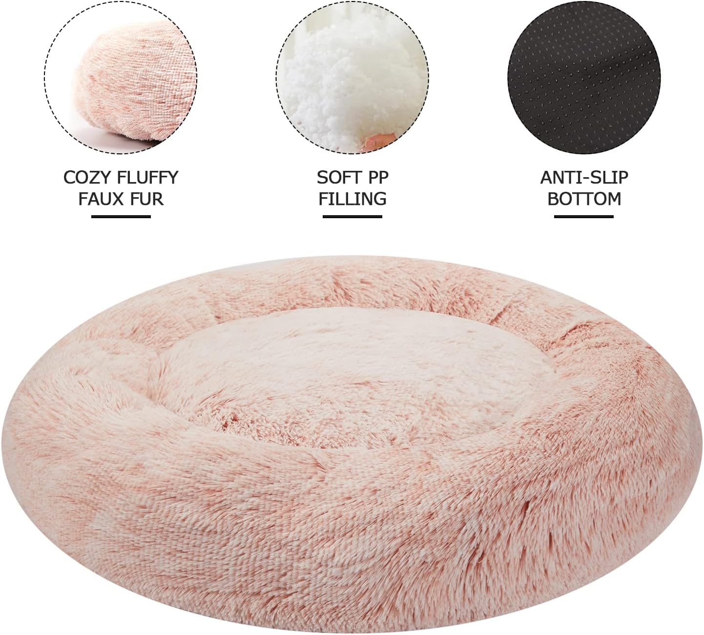 Bedfolks Calming Donut Dog Bed, 30 Inches Round Fluffy Dog Beds for Medium Dogs, Anti-Anxiety Plush Dog Bed, Machine Washable Pet Bed (Pink, Medium)