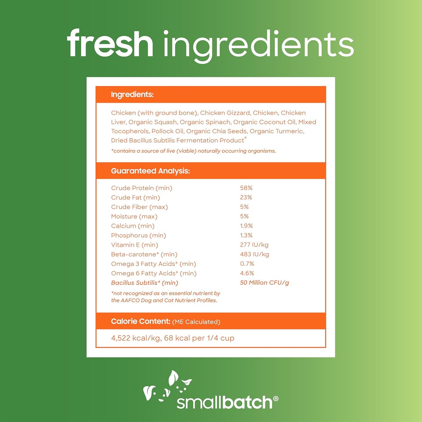 Smallbatch Freeze Dried Dog Treats, Superfood Food Topper Chicken Bites for Dogs & Cats, Probiotics, Organic Ingredients, High Protein, Grain Free Healthy Treat Food Topper, Made in the USA, 18 oz Bag