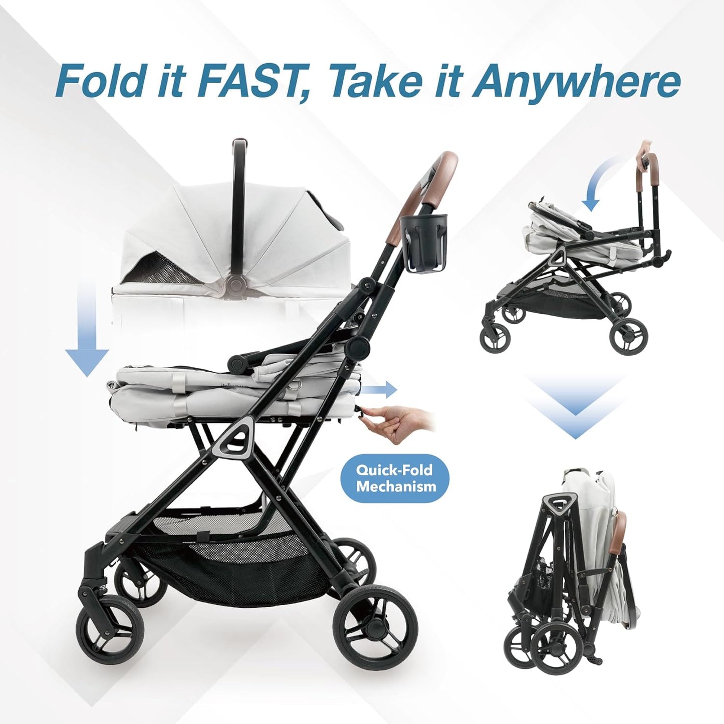 ibiyaya Tinker Pet Stroller for Small Dogs and Cats – 3-in-1 Pet Carrier, Dual-Opening Canopy, No-Flat Wheels, Vegan Leather Handle, Large Storage Basket (Silver Gray)