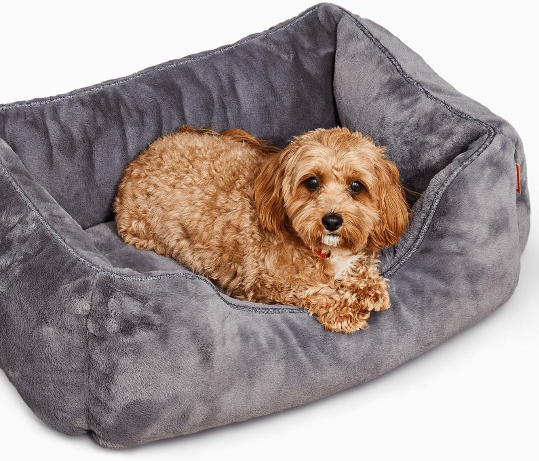 FUZI Premium Aesthetic Dog Bed for Medium Dogs with Washable Cover, Pet Couch, Pet Bed with Sides, Non-Slip Bottom, Soft and Durable Calming Dog Bed, Faux Rabbit Fur, Medium 31.75x23.6x9.5 Dark Grey