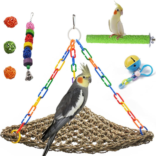 Bird Swing Toys,Parakeet Seagrass Mat,Edible Triangle Seagrass Hammock with Color Toys Handmade Woven Natural Grass Net Hanging on Parrot Cage for Budgies Lovebird Canary Cockatiel Finch Hamster