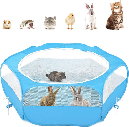 Pawaboo Small Animals Playpen, Waterproof Small Pet Cage Tent with Zippered Cover, Portable Outdoor Yard Fence with 3 Metal Rod for Chick/Kitten/Puppy/Guinea Pig/Rabbits/Hamster/Chinchillas,Light Blue