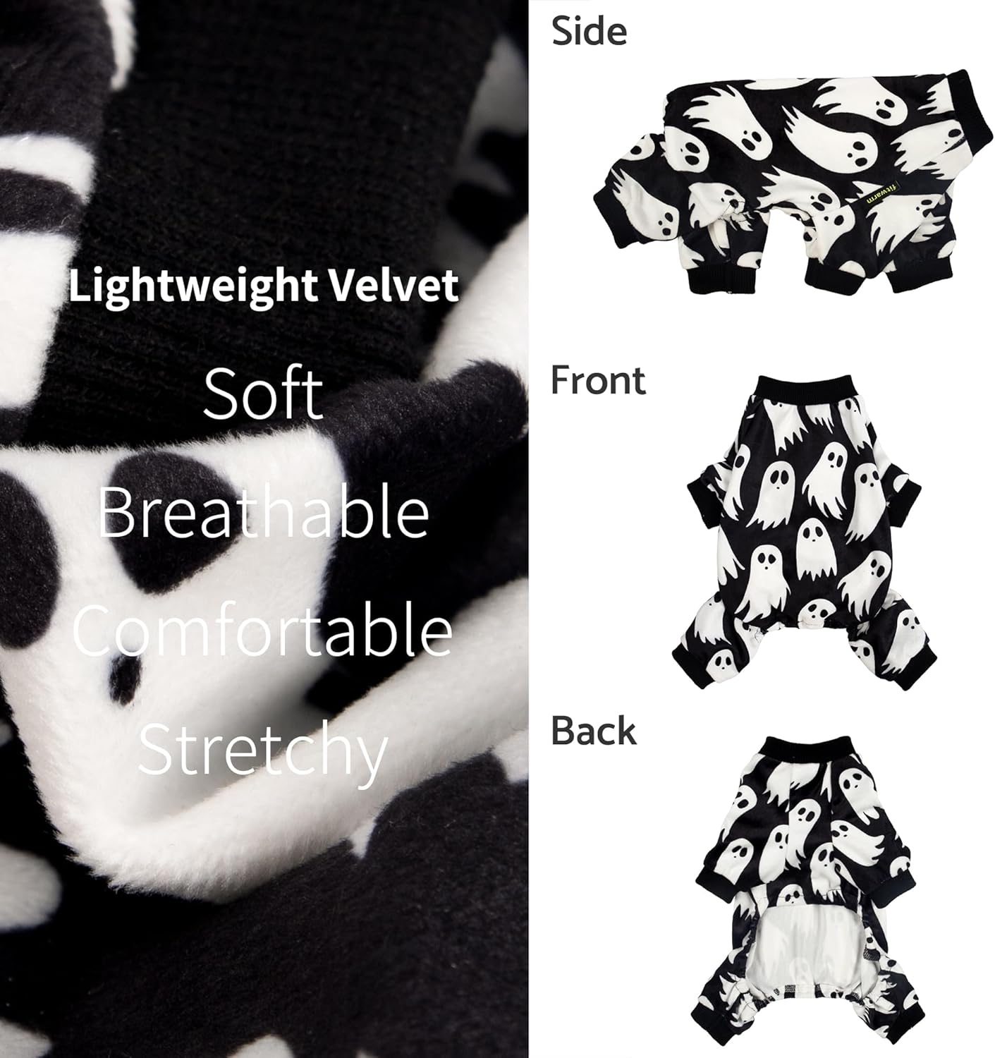 Fitwarm Halloween Ghost Dog Pajamas, Funny Halloween Costumes for Dogs, Fleece Dog Onesie with Feet, Doggy Clothes for Small Dogs Boy Girl, Pet Apparel, Black, White, XL