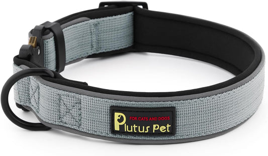 Plutus Pet Tactical Dog Collar, Reflective, Adjustable Heavy Duty Dog Collar, Soft Padded and Comfortable, for Small Medium and Large Dogs (Gray, M)