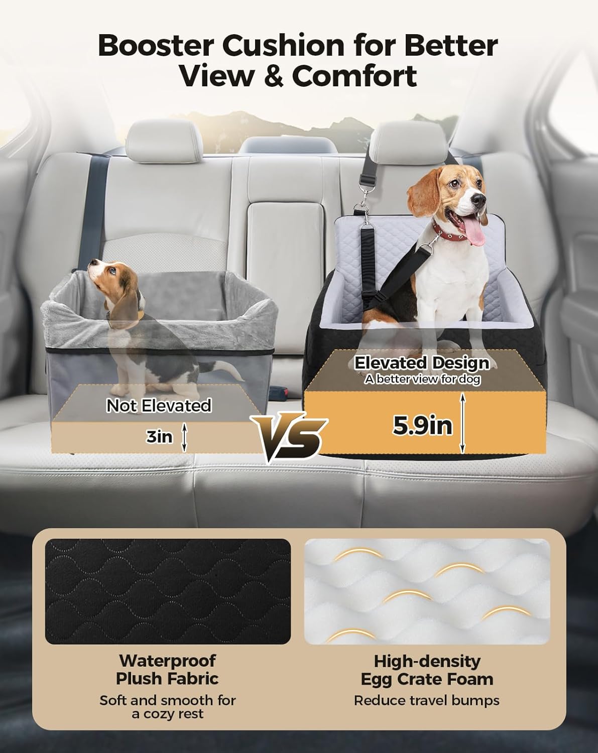 Dog Car Seat for Small & Medium Dogs Under 35lbs, Detachable & Washable Pet Car Seat, Interior Height 6 Inches Pet Travel Bed with Storage Pockets and 2 Dog Safety Belts (Black/Gray)