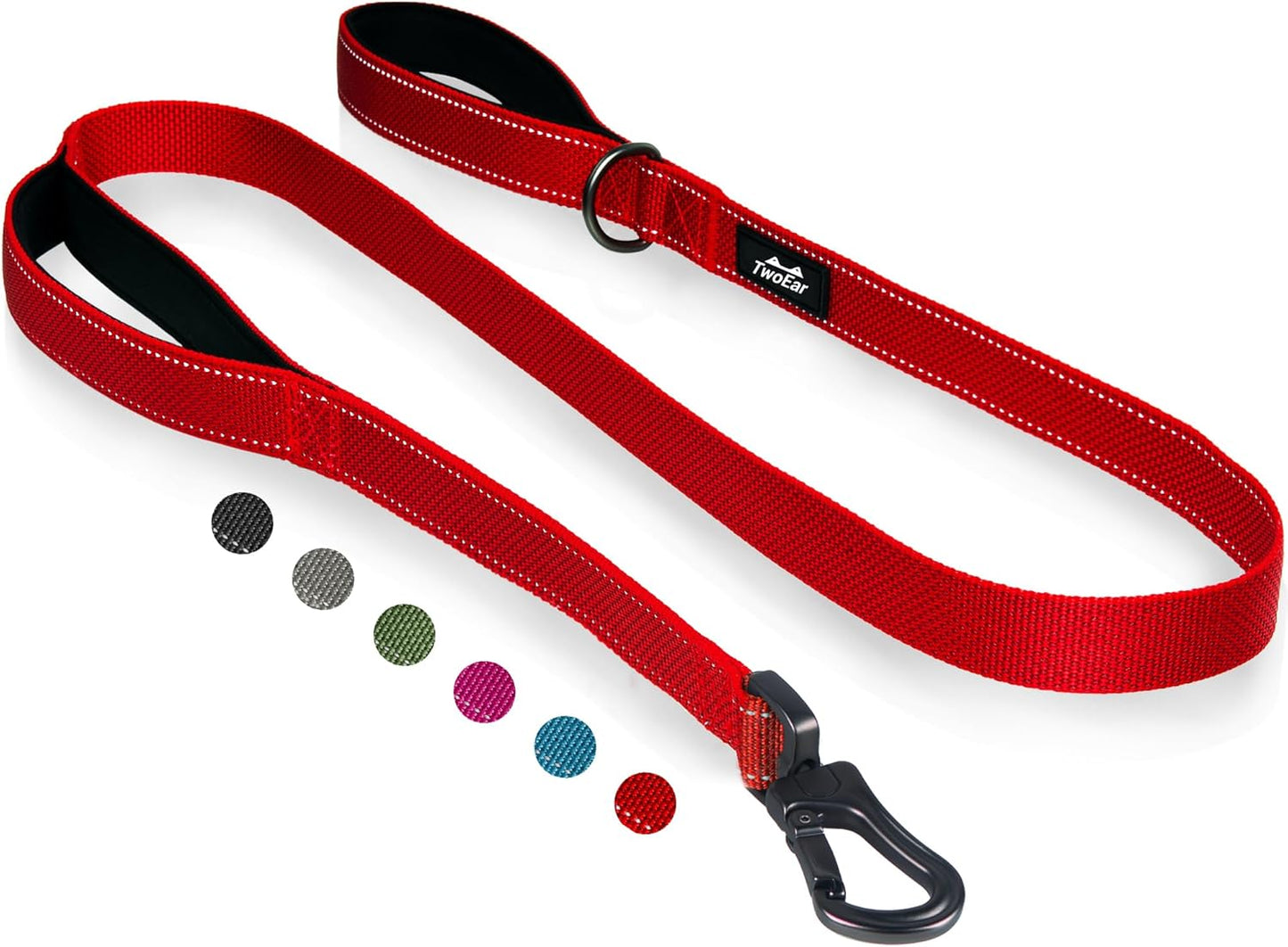 TwoEar 5FT 1IN Strong Red Dog Leash with 2 Padded Handles, Traffic Handle Extra Control, Comfortable Soft Dual Handle, Auto Lock Hook, Reflective Walking Lead for Small Medium and Large Dogs